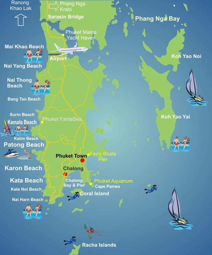 Karte Phuket - Strände | Straßen | Flughafen | Sehenswürdigkeiten | Inseln